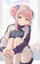 Rule 34 | 1girl, angel wings, black shorts, blue archive, blush, double bun, feet out of frame, hair bun, halo, highres, jacket, long sleeves, looking at viewer, mika (blue archive), parted lips, pink hair, pink halo, shiidap, short hair, shorts, solo, track jacket, white wings, wings, yellow eyes