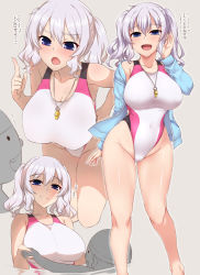 Rule 34 | 1boy, 1girl, bare legs, barefoot, blue eyes, blue jacket, blush, breasts, collarbone, competition swimsuit, groin, hair between eyes, heart, highleg, highleg swimsuit, highres, index finger raised, jacket, kantai collection, kashima (kancolle), large breasts, long hair, multiple views, one-piece swimsuit, open clothes, open jacket, open mouth, silver hair, simple background, smile, swimsuit, swimsuit under clothes, translation request, two side up, wavy hair, whistle, whistle around neck, yoshi tama