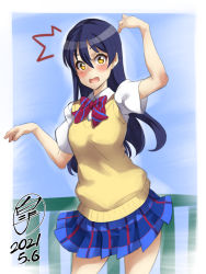 Rule 34 | 1girl, artist name, artist request, bare legs, blue hair, blue skirt, blue sky, blush, bow, bowtie, breasts, brown eyes, checkered clothes, checkered skirt, cloud, collared shirt, day, embarrassed, female focus, hair between eyes, highres, long hair, looking at viewer, love live!, love live! school idol project, medium breasts, miniskirt, otonokizaka school uniform, outdoors, parted lips, plaid, plaid skirt, pleated, pleated skirt, red bow, school uniform, shirt, short sleeves, skirt, sky, smile, solo, sonoda umi, striped, striped bow, surprised, sweater vest, vest, white shirt, wing collar, yellow eyes