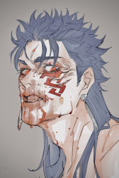 Rule 34 | 1boy, absurdres, adam&#039;s apple, angry, blood, blood on face, blue hair, close-up, closed mouth, cu chulainn (fate), cu chulainn (fate) (all), cu chulainn (fate/stay night), cu chulainn alter (fate), cu chulainn alter (fate/grand order), earrings, extra eyes, facepaint, fang, fate/grand order, fate (series), grey background, highres, jewelry, lancer, long hair, looking at viewer, male focus, moyashi san4, red eyes, saliva, simple background, slit pupils, solo, spiked hair, veins