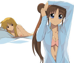 Rule 34 | 00s, 2girls, a1 (initial-g), adjusting hair, aftersex, blonde hair, blue eyes, bra, breasts, brown hair, fate testarossa, female focus, highres, long hair, lyrical nanoha, mahou shoujo lyrical nanoha, mahou shoujo lyrical nanoha strikers, medium breasts, multiple girls, nearly naked shirt, nipples, nude, open clothes, open shirt, purple eyes, red eyes, see-through, shirt, simple background, takamachi nanoha, underwear, white background, white shirt, yuri