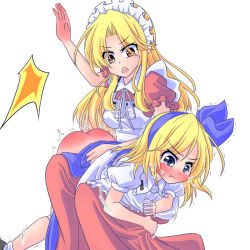 Rule 34 | 2girls, :t, ^^^, alice margatroid, alice margatroid (pc-98), apron, bent over, blonde hair, blue dress, blue eyes, blush, breasts, brown eyes, chestnut mouth, dress, dress grab, eyebrows, eyes visible through hair, full-face blush, hair over shoulder, hairband, long hair, lying on person, maid, maid apron, maid headdress, multiple girls, open mouth, otogawa, pout, puffy short sleeves, puffy sleeves, ribbon, shirt, short hair, short sleeves, sidelocks, simple background, sitting, spanked, spanking, tearing up, tears, touhou, touhou (pc-98), trembling, white background, white shirt, yumeko (touhou)