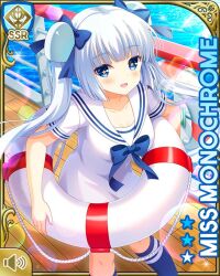 Rule 34 | 1girl, :d, black footwear, blue bow, blue eyes, blunt bangs, bow, card, character name, day, dress, girlfriend (kari), innertube, kneehighs, miss monochrome, miss monochrome (character), ocean, official art, open mouth, outdoors, qp:flapper, sailor dress, ship, smile, socks, solo, swim ring, tagme, twintails, watercraft, white dress, white hair