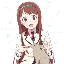 Rule 34 | 1girl, :o, blush, breasts, brown eyes, brown hair, carrot, demirinz, dot nose, feeding, food, green hairband, hairband, hands up, holding, holding food, idolmaster, idolmaster million live!, idolmaster million live! theater days, jacket, long hair, long sleeves, looking at another, medium breasts, motion lines, necktie, open mouth, rabbit, shirt, solo, striped necktie, tanaka kotoha, two-tone necktie, uniform series (idolmaster), upper body, white background, white jacket, white shirt