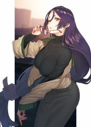 Rule 34 | 1girl, alternate costume, beige jacket, black skirt, black sweater, breasts, casual, closed mouth, commentary request, unworn eyewear, fate/grand order, fate (series), glasses, highres, holding, holding removed eyewear, large breasts, long hair, long skirt, long sleeves, looking at viewer, low-tied long hair, minamoto no raikou (fate), nail polish, parted bangs, purple eyes, purple hair, red nails, rolua, skirt, sweater, turtleneck, turtleneck sweater, very long hair