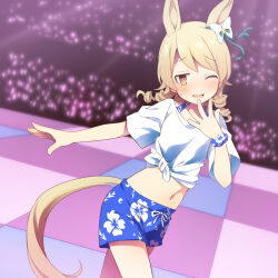 Rule 34 | 1girl, animal ears, blue scrunchie, blue shorts, checkered floor, collarbone, cosplay, crop top, floral print, gaze on me! outfit (umamusume), glowstick, hand up, highres, horse ears, horse girl, horse tail, idolmaster, idolmaster cinderella girls, kemonomimi mode, light brown hair, long hair, midriff, morikubo nono, navel, outstretched arm, people, ringlets, scrunchie, shirt, short shorts, short sleeves, shorts, solo focus, tail, tied shirt, uccow, umamusume, white shirt, wrist scrunchie