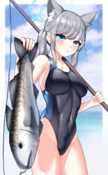 Rule 34 | 1girl, absurdres, animal ear fluff, animal ears, black one-piece swimsuit, blue archive, blue eyes, blue halo, breasts, competition swimsuit, covered navel, cross hair ornament, fish, fishing rod, grey hair, hair ornament, halo, highres, holding, holding fishing rod, looking at viewer, medium breasts, official alternate costume, one-piece swimsuit, shiroko (blue archive), shiroko (swimsuit) (blue archive), solo, swimsuit, thighs, tist