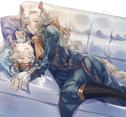 Rule 34 | 1boy, animal ears, artist name, bow, cat ears, couch, formal, grey hair, identity v, joseph desaulniers, long hair, lying, mini photographer, open mouth, sleeping, solo, suit, tail, white hair, white tail, yellow bow