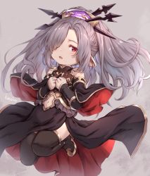 Rule 34 | 1girl, bare shoulders, black thighhighs, clothing cutout, detached sleeves, granblue fantasy, grey hair, hair ornament, hair over one eye, harvin, khell, long hair, navel, navel cutout, niyon (granblue fantasy), parted lips, pointy ears, red eyes, simple background, solo, thighhighs, watermark