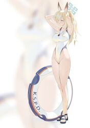 1girl adjusting_hair animal_ears armpits arms_behind_head arms_up blonde_hair blue_archive blue_eyes blue_halo blush breasts competition_swimsuit covered_navel dog_ears dog_girl full_body hair_over_one_eye halo highleg highleg_one-piece_swimsuit highres kanna_(blue_archive) kanna_(swimsuit)_(blue_archive) large_breasts long_hair midfinger official_alternate_costume one-piece_swimsuit ponytail standing swim_ring swimsuit thighs whistle whistle_around_neck white_one-piece_swimsuit