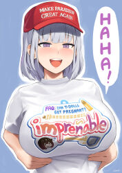 Rule 34 | 1girl, baseball cap, blue background, breasts, english text, girls&#039; frontline, grey hair, hat, highres, kion-kun, large breasts, make america great again, open mouth, outline, purple eyes, red hat, rpk-16 (girls&#039; frontline), shirt, short hair, short sleeves, simple background, smile, solo, speech bubble, t-shirt, teeth, upper body, upper teeth only, white outline, white shirt