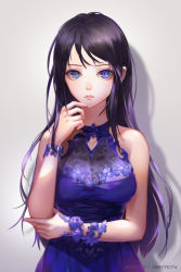 Rule 34 | 1girl, artist name, bad id, bad pixiv id, bare arms, bare shoulders, blue dress, blue eyes, bracelet, breasts, colored eyelashes, dress, expressionless, grey background, hand on own arm, hand up, jewelry, long hair, looking at viewer, medium breasts, original, parted lips, purple hair, shenteita, simple background, sleeveless, sleeveless dress, solo, swept bangs, tsurime, upper body