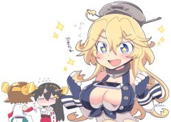 Rule 34 | &gt; &lt;, 10s, 3girls, ahoge, between breasts, black hair, blonde hair, breasts, brown hair, cellphone, cleavage, commentary request, closed eyes, fingerless gloves, flying sweatdrops, front-tie top, gloves, hair between eyes, haruna (kancolle), headgear, hiei (kancolle), iowa (kancolle), japanese clothes, kantai collection, large breasts, long hair, multiple girls, nontraditional miko, object on breast, open mouth, phone, short hair, smartphone, sparkle, star-shaped pupils, star (symbol), symbol-shaped pupils, tawawa challenge, translated, tsukko (3ki2ne10)