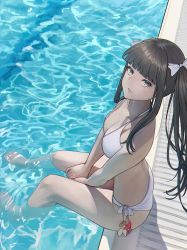 Rule 34 | 1girl, absurdres, bad id, bad pixiv id, bare arms, bare legs, bare shoulders, barefoot, between legs, bikini, black hair, blue eyes, blunt bangs, blush, bow, breasts, cleavage, closed mouth, commentary request, day, from above, hair bow, hand between legs, hank (gogaek), highres, korean commentary, large breasts, long hair, looking at viewer, looking up, mole, mole under eye, original, pool, poolside, side-tie bikini bottom, sidelocks, soaking feet, solo, sunlight, swimsuit, twintails, very long hair, water, white bikini, white bow