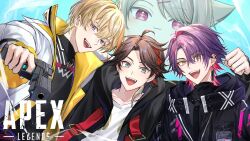 4boys :3 :d absurdres ahoge aiming aiming_at_viewer animal_ears apex_legends belt belt_buckle black_jacket black_shirt blonde_hair blue_eyes brown_hair buckle cat_ears chest_harness clenched_hand coat collarbone colored_inner_hair commentary ear_piercing earrings fura_kanato fura_kanato_(1st_costume) grey_hair gun hair_between_eyes hair_intakes hand_up handgun harness highres holding holding_gun holding_weapon hood hood_down hooded_jacket jacket jewelry long_sleeves looking_at_viewer male_focus multicolored_hair multiple_boys nijisanji nonon_813 o-ring o-ring_harness official_alternate_costume open_clothes open_coat open_jacket open_mouth orange_hair parted_bangs piercing pink_hair pocket purple_belt purple_hair red_eyes red_hair red_ribbon ribbon saegusa_akina saegusa_akina_(4th_costume) shirt short_hair single_earring sleeves_past_wrists smile streaked_hair symbol-only_commentary teeth turtleneck two-sided_coat two-sided_fabric two-tone_hair upper_body upper_teeth_only virtual_youtuber watarai_hibari watarai_hibari_(3rd_costume) weapon white_coat white_shirt yellow_eyes yufuna zipper