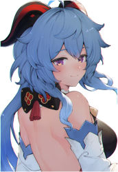 Rule 34 | 1girl, ahoge, back, back focus, backless outfit, bad id, bad pixiv id, bare shoulders, blue hair, bow, bowtie, breasts, detached sleeves, from behind, ganyu (genshin impact), genshin impact, goat horns, highres, horns, koretsuki azuma, long hair, looking at viewer, looking back, low ponytail, medium breasts, purple eyes, sidelocks, simple background, smile, solo, upper body, white background