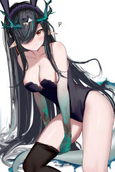 Rule 34 | 1girl, animal ears, arknights, bare shoulders, black hair, black hairband, black leotard, black thighhighs, blush, breasts, cleavage, closed mouth, collarbone, colored skin, covered erect nipples, dragon girl, dragon horns, dragon tail, dusk (arknights), fake animal ears, gradient skin, green skin, hairband, highres, horns, leotard, looking at viewer, medium breasts, mikuning, playboy bunny, pointy ears, rabbit ears, red eyes, single thighhigh, solo, squiggle, tail, thighhighs