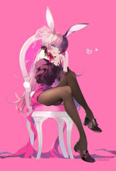 Rule 34 | 1girl, animal ears, artist name, bare shoulders, black bow, black footwear, black hair, black sweater, black thighhighs, blue eyes, blunt bangs, bow, bowtie, chair, dated, fake animal ears, flipped hair, full body, hair bow, heart, heart print, high-waist skirt, highres, iris black games, loafers, long hair, looking at viewer, multicolored hair, off-shoulder sweater, off shoulder, pink background, pink bow, pink bowtie, pink hair, pink ribbon, pink skirt, rabbit ears, ribbon, seri sketch, shoes, sidelocks, simple background, sitting, skirt, solo, split-color hair, sweater, tachibana hinano (vtuber), thighhighs, tongue, tongue out, twintails, virtual youtuber, vspo!