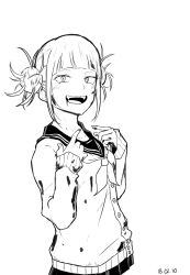 Rule 34 | 10s, 1girl, absurdres, blood, blood in hair, blood on clothes, blood on face, blunt bangs, blush, boku no hero academia, calendarv, dated, double bun, fangs, hair bun, highres, messy hair, monochrome, open mouth, pointing, pointing at self, school uniform, serafuku, skirt, smile, solo, toga himiko, upper body
