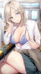 Rule 34 | 1girl, absurdres, blue bra, blue eyes, blurry, blurry background, blush, bow, bra, breasts, classroom, cleavage, collared shirt, commentary request, crossed legs, desk, duplicate, gentsuki, green bow, green skirt, hand on own head, highres, light brown hair, long sleeves, looking at viewer, medium breasts, open clothes, open shirt, original, pixel-perfect duplicate, plaid, plaid skirt, school uniform, shirt, short hair, sitting, skirt, underwear, white shirt