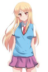 Rule 34 | 1girl, blonde hair, blue sweater vest, blush, collared shirt, commentary request, cowboy shot, dars (recolors), highres, long hair, looking at viewer, necktie, purple skirt, red eyes, red necktie, sakura-sou no pet na kanojo, school uniform, shiina mashiro, shirt, short sleeves, simple background, skirt, solo, standing, summer uniform, sweater vest, white background, white shirt