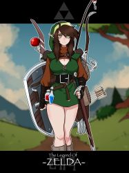 Rule 34 | belt, black belt, blurry, blurry background, bottle, breasts, brown hair, cleavage, commentary, copyright name, english commentary, eyeshadow, genderswap, genderswap (mtf), gonzo (jgonzohasbigdum), green hat, hat, highres, holding, holding shield, holding sword, holding weapon, large breasts, link, makeup, nintendo, pointy ears, potion, red eyeshadow, sheath, sheathed, shield, solo, sword, the legend of zelda, the legend of zelda (nes), tree, weapon