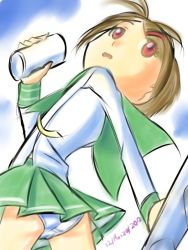 Rule 34 | 10s, 1girl, 2012, ass, brown hair, crotch seam, dated, digimon, digimon adventure, drantyno, flat chest, from behind, from below, green skirt, holding, long sleeves, looking back, march, neck ribbon, open mouth, panties, pink eyes, ribbon, school uniform, shirt, short hair, skirt, standing, underwear, white panties, white shirt, wind, yagami hikari, yellow ribbon
