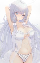 Rule 34 | 1girl, absurdres, armpits, arms up, azur lane, blue eyes, breasts, cleavage, closed mouth, cowboy shot, daily (daily178900), highres, illustrious (azur lane), large breasts, long hair, looking at viewer, navel, panties, see-through, silver hair, simple background, solo, two-tone panties, underwear