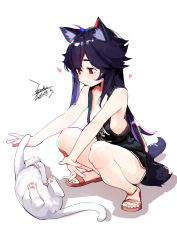 Rule 34 | 1girl, animal, animal ears, bare shoulders, black hair, black shirt, black shorts, breasts, cat, commentary request, dated, ejami, ekko (ejami), fox ears, fox girl, fox tail, heart, highres, long hair, looking down, lying, nail polish, no bra, on back, original, red eyes, red nails, sandals, shirt, shorts, signature, simple background, small breasts, solo, squatting, tail, toenail polish, toenails, white background