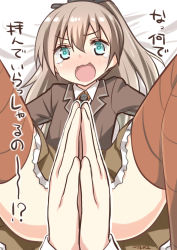 Rule 34 | 10s, 1girl, absurdres, aqua eyes, blazer, blush, brown hair, brown thighhighs, dress shirt, hair ornament, highres, jacket, kantai collection, kumano (kancolle), long hair, looking at viewer, lying, on back, open mouth, ponytail, ryuki (ryukisukune), shirt, solo focus, spread legs, tears, thighhighs, translation request