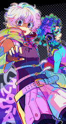 Rule 34 | 1boy, 1other, androgynous, blue eyes, blue hair, facepaint, facial mark, feathers, forehead mark, gnosia, green eyes, green hair, headphones, long hair, long sleeves, makeup, multicolored hair, other focus, raqio, remnan (gnosia), simple background, streaked hair, tattoo, toyama96, upper body, white hair