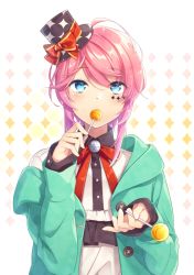 Rule 34 | 1boy, amemura ramuda, aqua hoodie, bad id, bad pixiv id, blue eyes, blush, bow, candy, collared shirt, commentary request, facial mark, food, hair between eyes, hat, hat bow, hat ribbon, head tilt, holding, holding candy, holding food, holding lollipop, hood, hood down, hoodie, hypnosis mic, levka, lollipop, long hair, long sleeves, looking at viewer, male focus, mini hat, mini top hat, off shoulder, open clothes, open hoodie, pink hair, red bow, red ribbon, ribbon, shirt, sleeves past wrists, solo, top hat, white background, white shirt