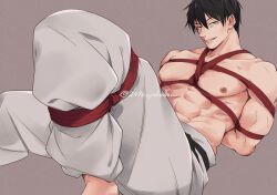 Rule 34 | 1boy, 2496oyakodon, abs, arms behind back, baggy pants, bara, bdsm, black hair, bondage, bound, foreshortening, fushiguro touji, green eyes, jujutsu kaisen, large pectorals, looking at viewer, male focus, mature male, muscular, muscular male, nipples, pants, pectorals, scar, scar on face, scar on mouth, seductive smile, short hair, smile, solo, topless male