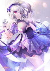 Rule 34 | 1girl, absurdres, azur lane, breasts, center frills, clothing cutout, dido (azur lane), dido (muse) (azur lane), dress, framed breasts, frills, gloves, highres, hirose (10011), idol, large breasts, leg up, long hair, looking at viewer, open mouth, plaid, purple eyes, short sleeves, side ponytail, solo, underboob, underboob cutout, white gloves, white hair