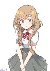 Rule 34 | 1girl, absurdres, bow, bowtie, braid, cloud hair ornament, collared shirt, dress shirt, grey skirt, highres, kantai collection, light brown hair, long hair, looking at viewer, low twin braids, minegumo (kancolle), one-hour drawing challenge, plaid, plaid bow, plaid bowtie, red bow, red bowtie, red eyes, robinson (day l full), shirt, simple background, skirt, solo, suspender skirt, suspenders, twin braids, twitter username, white background, white shirt
