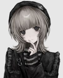 Rule 34 | 1girl, bags under eyes, black eyes, black headwear, black jacket, blonde hair, blunt bangs, chan8016, collar, dot nose, empty eyes, eyelashes, fingernails, flipped hair, frills, goth fashion, grey background, grey eyes, hand up, head tilt, highres, jacket, light frown, long hair, long sleeves, looking at viewer, muted color, original, pale skin, parted lips, sad, sidelocks, simple background, sleeves past wrists, solo, spiked collar, spikes, straight-on, striped, upper body, wolf cut