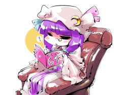 Rule 34 | 1girl, = =, blush, book, chair, crescent, dress, female focus, hat, holding, holding book, monocle, nyoron (fudegatana), okisimo, open book, patchouli knowledge, pink dress, purple hair, reading, sitting, solo, touhou