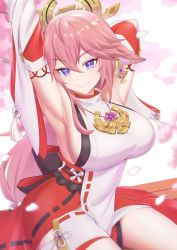 Rule 34 | 1girl, armpits, arms up, bare shoulders, breasts, cherry blossoms, commentary request, d-l-l, detached sleeves, genshin impact, hair between eyes, hair flaps, large breasts, long hair, looking at viewer, pink hair, purple eyes, red skirt, shirt, sideboob, sitting, skirt, sleeveless, sleeveless shirt, smile, solo, thighs, very long hair, white shirt, yae miko