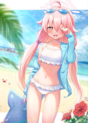 Rule 34 | 1girl, ahoge, animal ears, beach, bikini, blue archive, blurry, blurry background, blush, breasts, brown eyes, collarbone, day, depth of field, eyewear on head, fal (fal-se-0), flower, frilled bikini, frills, hair between eyes, hibiscus, highres, horizon, hoshino (blue archive), hoshino (swimsuit) (blue archive), jacket, long hair, low twintails, navel, ocean, one eye closed, open clothes, open mouth, outdoors, palm leaf, palm tree, pink flower, pink hair, purple flower, red flower, sand, sky, smile, solo, standing, starfish, sunglasses, swimsuit, tree, twintails, very long hair, virtual youtuber, water, white bikini, white flower, yellow eyes, yellow flower