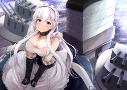 Rule 34 | 1girl, apron, azur lane, bare shoulders, belfast (azur lane), blue dress, blush, braid, breasts, broken, broken chain, cannon, chain, cleavage, closed mouth, collar, dress, elbow gloves, french braid, frilled apron, frilled gloves, frills, gauntlets, gloves, kanzaki kureha, large breasts, long hair, looking at viewer, maid headdress, rigging, silver hair, smile, solo, turret, white apron, white gloves