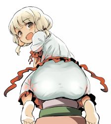 Rule 34 | 1girl, ass, barefoot, blonde hair, blush, brown eyes, commentary request, dress, ebisu eika, frills, from behind, hair tie, highres, looking back, open mouth, ribbon, rock, short hair, simple background, sitting, sketch, solo, touhou, white background, white dress, wily beast and weakest creature, yudepii
