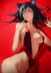 Rule 34 | 1girl, animal ears, arknights, black hair, breasts, cocktail dress, cowboy shot, dress, eyyy, hair between eyes, highres, lips, long hair, looking at viewer, medium breasts, red background, red dress, red nails, simple background, solo, texas (arknights), thighs, yellow eyes