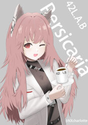Rule 34 | 1girl, ;d, animal ears, black sweater, cat ears, character name, coat, coffee mug, cup, girls&#039; frontline, girls&#039; frontline neural cloud, highres, holding, holding plate, holding spoon, looking at viewer, mug, nxcharlotte, one eye closed, open mouth, persica (girls&#039; frontline), persicaria (neural cloud), pink hair, plate, ribbed sweater, smile, spoon, sweater, twitter username, upper body, white coat