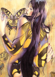 Rule 34 | 1girl, black hair, blood, bodypaint, bug, butterfly, eating, bug, long hair, naked paint, nude, original, painting (medium), shuka (taupe), solo, traditional media, very long hair, watercolor (medium)