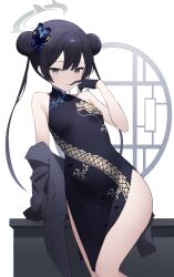 Rule 34 | 1girl, absurdres, black dress, black gloves, black hair, black jacket, blue archive, breasts, butterfly hair ornament, china dress, chinese clothes, closed mouth, double bun, dragon print, dress, finger to mouth, gloves, grey eyes, hair bun, hair ornament, halo, highres, jacket, kisaki (blue archive), long hair, looking at viewer, pinstripe pattern, small breasts, solo, striped clothes, striped jacket, thighs, twintails, vertical-striped clothes, vertical-striped jacket, yuuki02