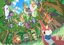 Rule 34 | alternate color, animal focus, beautifly, berry (pokemon), blue eyes, blue sky, bug, butterfly, butterfree, caterpie, caterpillar, cloud, cloudy sky, creatures (company), eating, flying, forest, from below, game freak, gen 1 pokemon, gen 3 pokemon, gen 4 pokemon, gen 6 pokemon, grass, highres, insect, kricketot, kricketune, nature, nintendo, no humans, open mouth, oran berry, pokemon, pokemon (creature), q-chan, red eyes, scatterbug, sky, sparkle, standing, tree, vivillon, wings, wurmple, yellow eyes