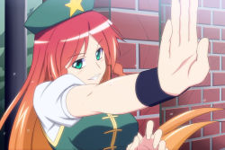 Rule 34 | 1girl, anime coloring, aqua eyes, braid, female focus, gradient hair, green eyes, grin, h-new, hat, hong meiling, long hair, looking at viewer, multicolored hair, outstretched arm, red hair, smile, solo, star (symbol), touhou, upper body