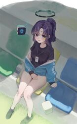 Rule 34 | 1girl, apopo, aqua jacket, black shirt, blue archive, blue eyes, blush, bottle, breasts, from above, halo, highres, id card, jacket, lanyard, long hair, long sleeves, looking at viewer, medium breasts, off shoulder, open mouth, ponytail, purple hair, shirt, shoes, short sleeves, sitting, solo, star sticker, sticker on face, sweat, water bottle, yuuka (blue archive), yuuka (track) (blue archive)