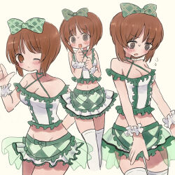 Rule 34 | 1girl, @ @, alternate costume, arm behind back, armband, blush, bow, breasts, brown eyes, brown hair, cleavage, closed mouth, criss-cross halter, cropped shirt, frilled armband, frilled shirt, frilled skirt, frills, frown, girls und panzer, green bow, green skirt, groin, hair bow, halterneck, highres, idol, looking at viewer, medium breasts, microskirt, midriff, multiple views, navel, nishizumi miho, off-shoulder shirt, off shoulder, one eye closed, open mouth, ri (qrcode), shirt, short hair, simple background, skirt, smile, standing, sweatdrop, thighhighs, waving, white background, white thighhighs