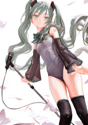 Rule 34 | 1girl, artist name, black thighhighs, blue eyes, blue hair, commentary, detached sleeves, expressionless, fkey, flying paper, hair ornament, hatsune miku, head tilt, highres, holding, holding microphone stand, leotard, looking at viewer, microphone, microphone stand, paper, ribbon, see-through, see-through sleeves, simple background, solo, tattoo, thighhighs, twintails, vocaloid